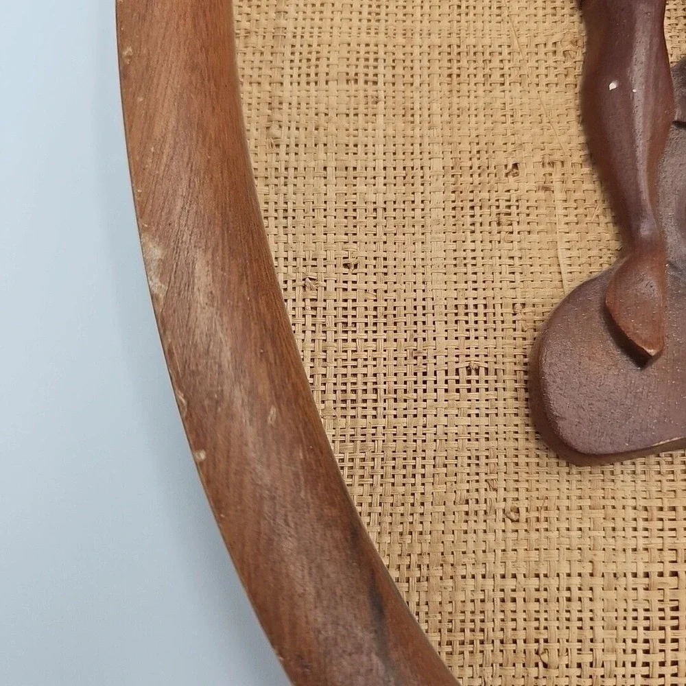 Vintage Hand-Carved Teak Wood Wall Art Oval‎ Shaped Woven Backgrounds MCM